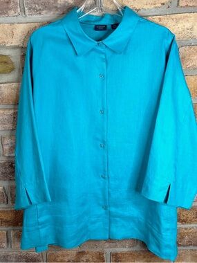 WESTBOUND Women’s Linen Tailored Turquoise Button-Front Collared Top